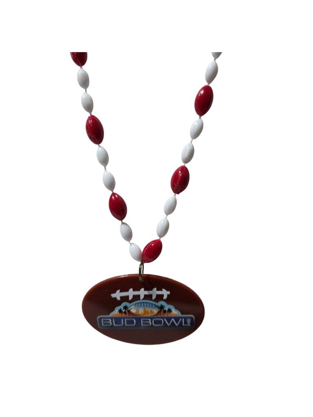 Bud Bowl 07 Miami Football Bead Necklace Red White Plastic Mardi Gras Style
